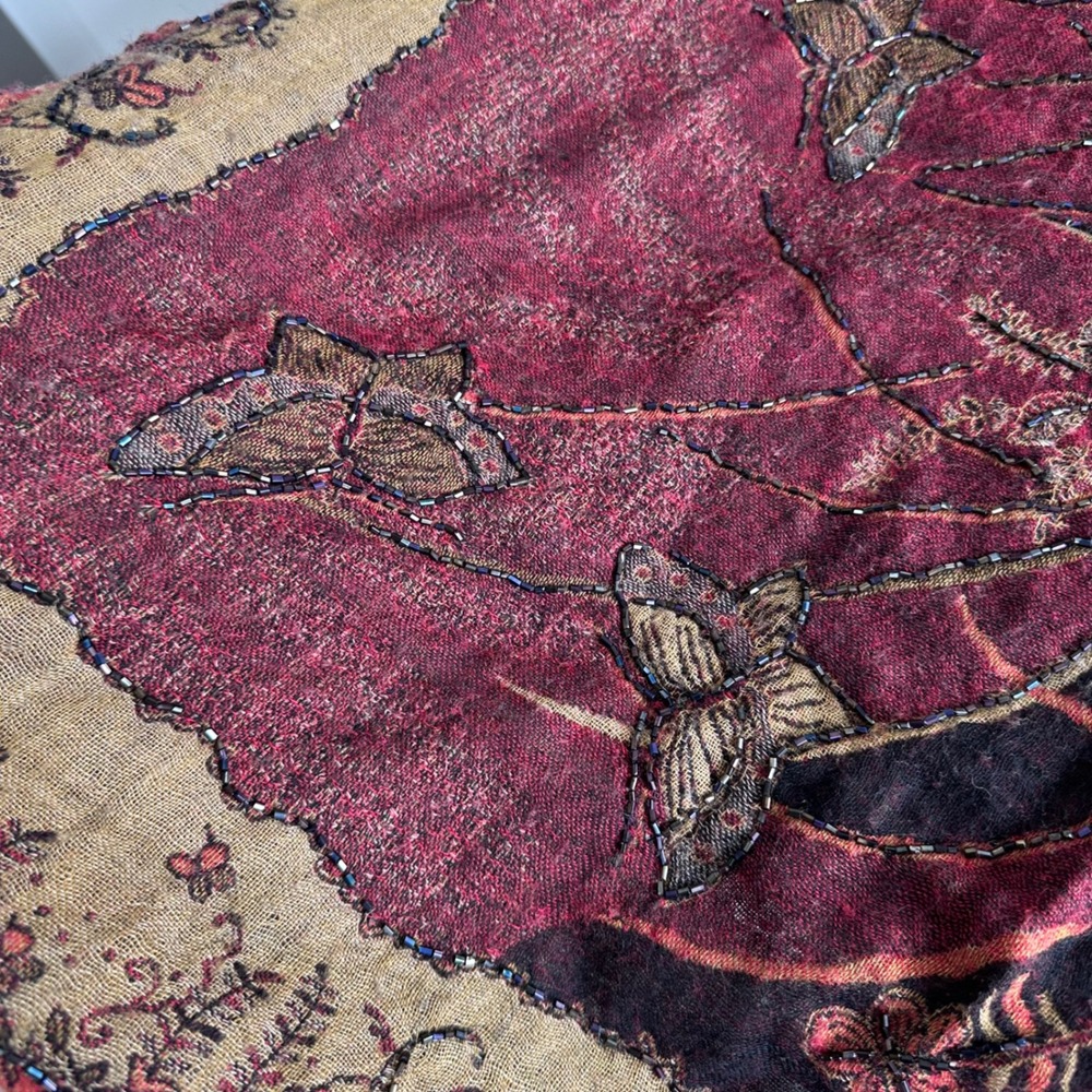Pashmina Scarf Burgundy‎ Beaded Floral Boho Gypsy Wrap Butterflies - Picture 7 of 12